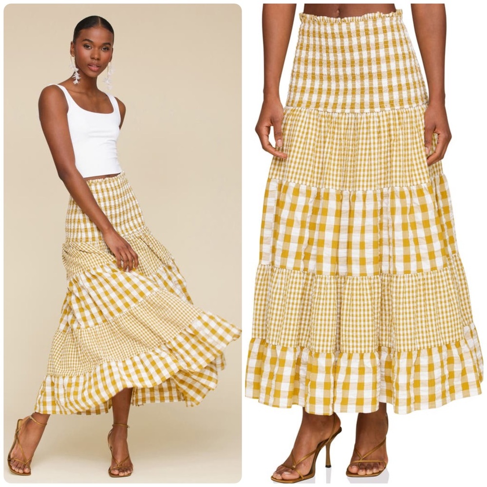 Avec Les Filles Yellow Gingham Tiered Maxi Skirt